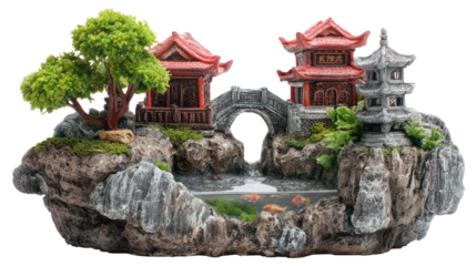 Miniature japanese zen garden waterfall pagoda and tree isolated on transparent background