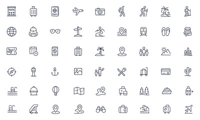 Travel and tourism icon collection with hotel, suitcase, passport, plane, camera, ticket, summer getaway, family vacation, adventure, mountain, ferry, pool, beach, and holiday essentials