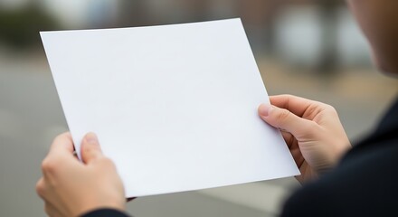 Person Holding Blank White Paper in Outdoor Setting