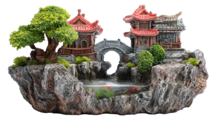 Miniature fantasy landscape with waterfall and pagoda style buildings isolated on transparent background