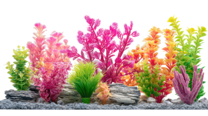 Colorful artificial aquarium plants and rocks isolated on transparent background