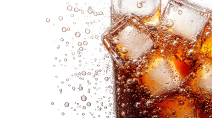 Close up of a refreshing cola drink with ice cubes and bubbles isolated on transparent background