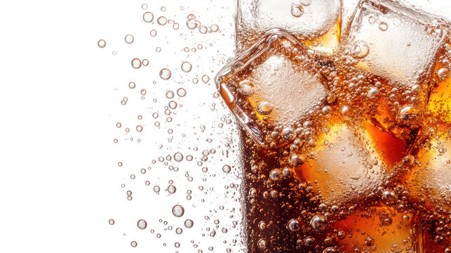 Close up of a refreshing cola drink with ice cubes and bubbles isolated on transparent background