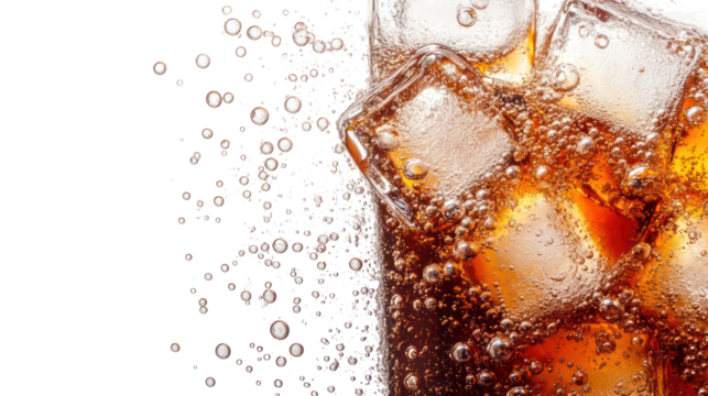 Close up of a refreshing cola drink with ice cubes and bubbles isolated on transparent background