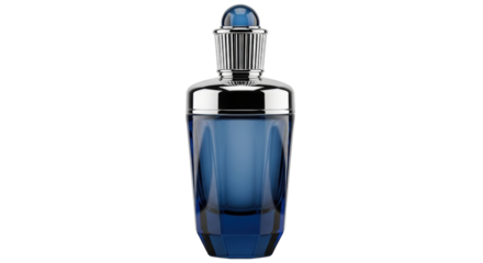 Isolated blue glass perfume bottle with silver cap and rounded topper, beauty product