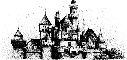 Fototapeta premium Intricate dotwork stippling illustration of an ancient castle architecture