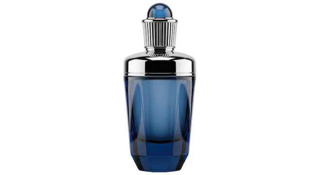 Isolated blue glass perfume bottle with silver cap and rounded topper, beauty product