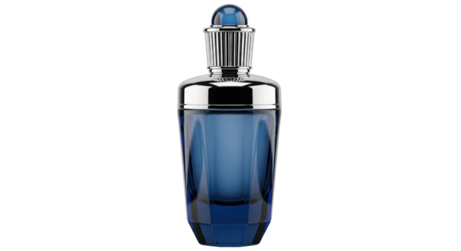 Isolated blue glass perfume bottle with silver cap and rounded topper, beauty product