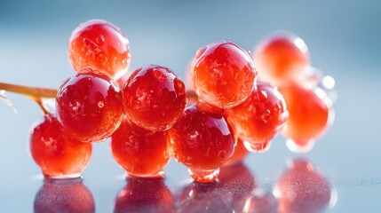 Close up of vibrant red berries with water droplets on blue background