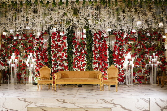 wedding decore, stage, barat, hall, event, wedding stage, red, stage decor, walima, engagement, event planner, celebration, lights, decoration