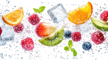 Fresh fruit and ice cubes scattered isolated on transparent background