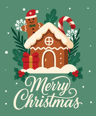 A gingerbread house with a gift, a lollipop, and a cookie on a mint-green background. Fir branches and snowflakes. A warm, festive vector illustration for greeting cards and winter designs