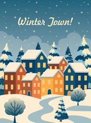 A winter evening town with snow-covered houses and fir trees in cool blue tones. Bright Christmas background. Vector illustration for cards, posters, and winter designs