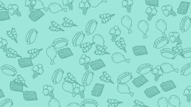 Pattern this teal background pattern features quirky doodles of chicken ice cream and hotdogs.
