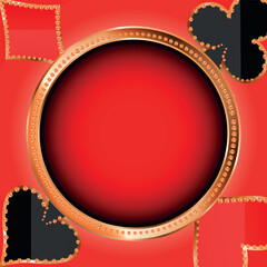 Shining retro light banner on red background with golden elements. Casino poster vintage style. Gold round frame, signboard vintage style. Vector illustration.