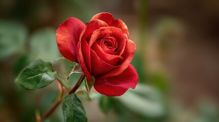 Close up of vibrant red rose with detailed petals and natural green leaves