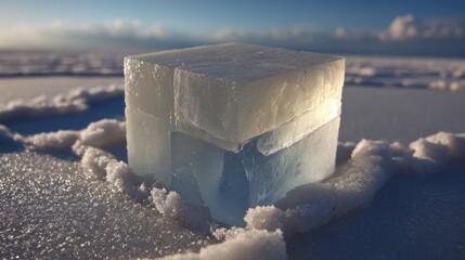 Large ice cube on snow under sunlight conceptual environmental image
