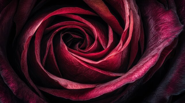 Close up of a dark red rose revealing intricate details and textures