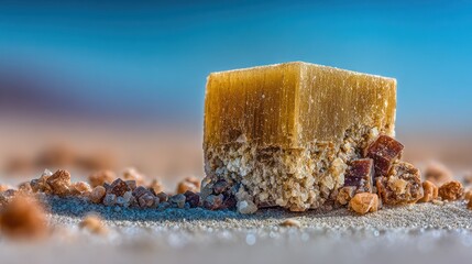 Close up of a cube shaped amber crystal on a blurred background