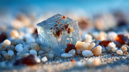 Close up of a translucent cube with pebbles and sand natural textures
