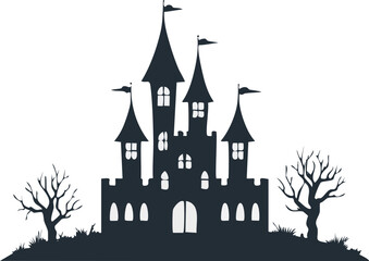 Obraz premium Haunted Castle Silhouette Gothic Halloween, Spooky Gothic Castle Vector Illustration, Creepy Haunted Fortress Outline Art, Scary Halloween Castle Silhouette Design
