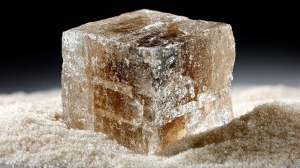 Salt crystal on white granules closeup with lighting against a dark background