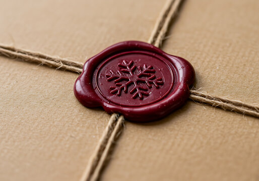Brown paper gift, wax seal snowflake, festive rustic wrapping
