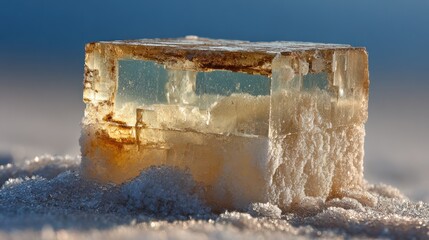 Translucent mineral formation illuminated by natural light on textured surface