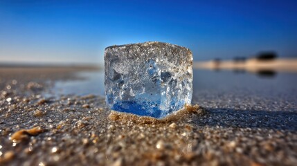 Close up of translucent cube object on sandy beach with blue sky background