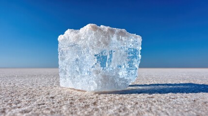 Close up of a large salt crystal against a blue sky background