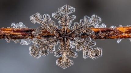Detailed macro photograph of a delicate symmetrical snowflake on a twig