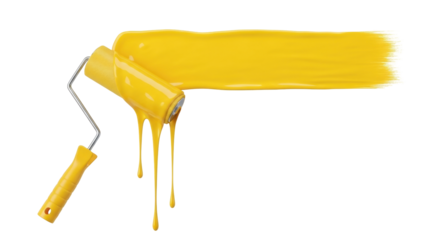 Isolated paint roller painting a yellow strip on the wall, construction and renovation work