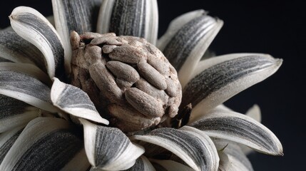Close up of sunflower head with seeds and petals on black background