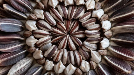 Close up of a sunflower center composed of seeds in a symmetrical pattern