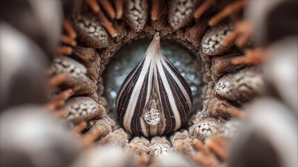Macro close up view of a seed pod with striking black and white patterns