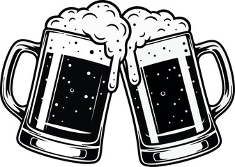 Two frothy beer mugs clinking together in celebration with a dark liquid and bubbly foam.