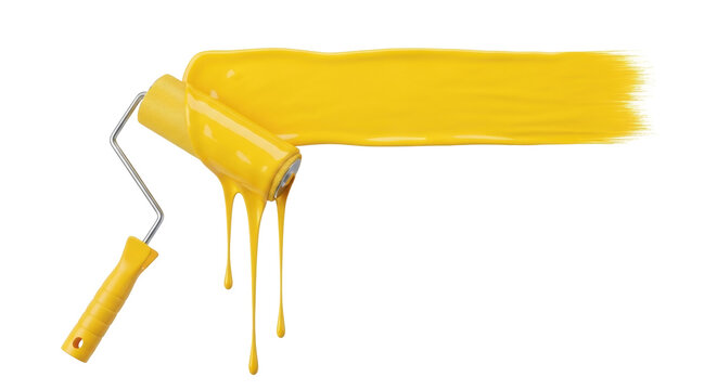 Isolated paint roller painting a yellow strip on the wall, construction and renovation work