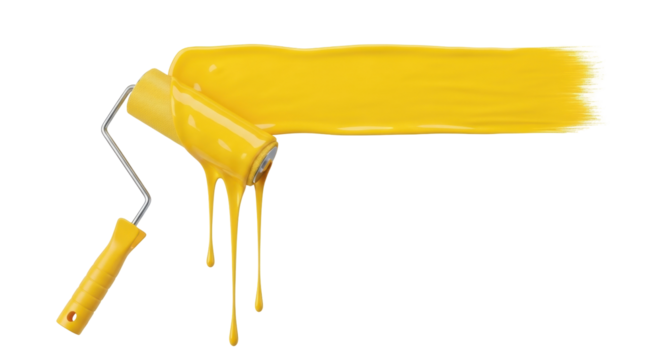 Isolated paint roller painting a yellow strip on the wall, construction and renovation work