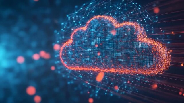 A creative depiction of cloud computing with a network of interconnected servers and data streams in a digital space, illustrating the power and scale of modern cloud technologies and their impact on 