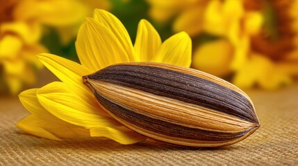 Sunflower seed detail macro shot with yellow petals on textured surface