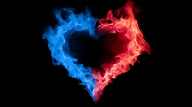 Flaming heart shape with contrasting blue and red fire on a dark background, representing passion, love, and emotional duality.