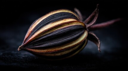 Close up of a striped seed pod against a dark background