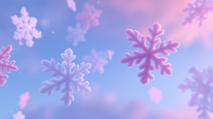 Light snowflakes gently falling on a soft pastel winter background. Peaceful and dreamy seasonal atmosphere.