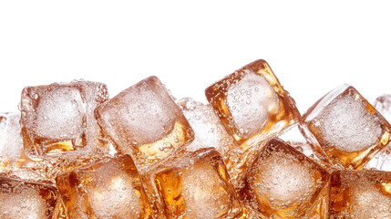 Close up of ice cubes in amber liquid isolated on transparent background