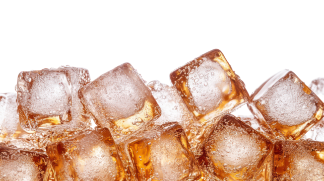 Close up of ice cubes in amber liquid isolated on transparent background