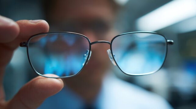 Medium shot showing a person wearing partial blue light filter glasses sharp focus on lenses with subtle tint soft unfocused office background emphasizing screen time reduction.
