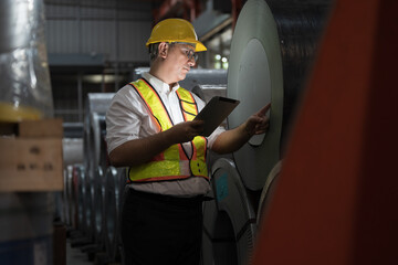 Metalwork manufacturing, coil, storage of rolls metal sheet, warehouse of raw materials. Male factory worker inspecting quality of rolls metal sheet in factory, wearing safety uniform