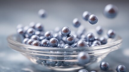 Elegant bowl of metallic spheres with motion blur and reflective surface