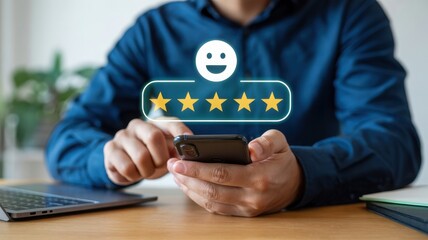 Customer Experience Evaluation on Mobile Phone with Five Star Rating and Smiley Face Icon for Online Business Satisfaction