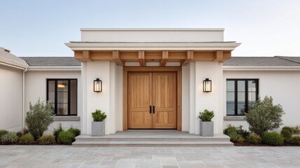 Modern architectural entrance with grand wooden doors surrounded by minimalistic landscape design featuring greenery and stone elements in luxurious setting